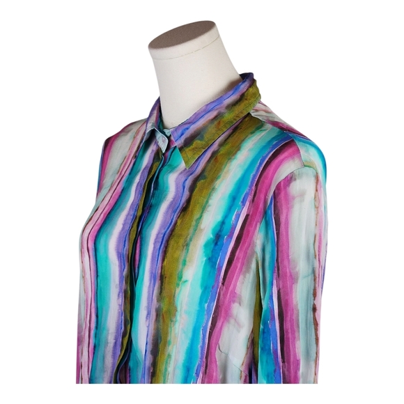 APNY Multicolor Watercolor Stripe Button Down Blouse L Roll Tab Sleeve - Picture 2 of 9